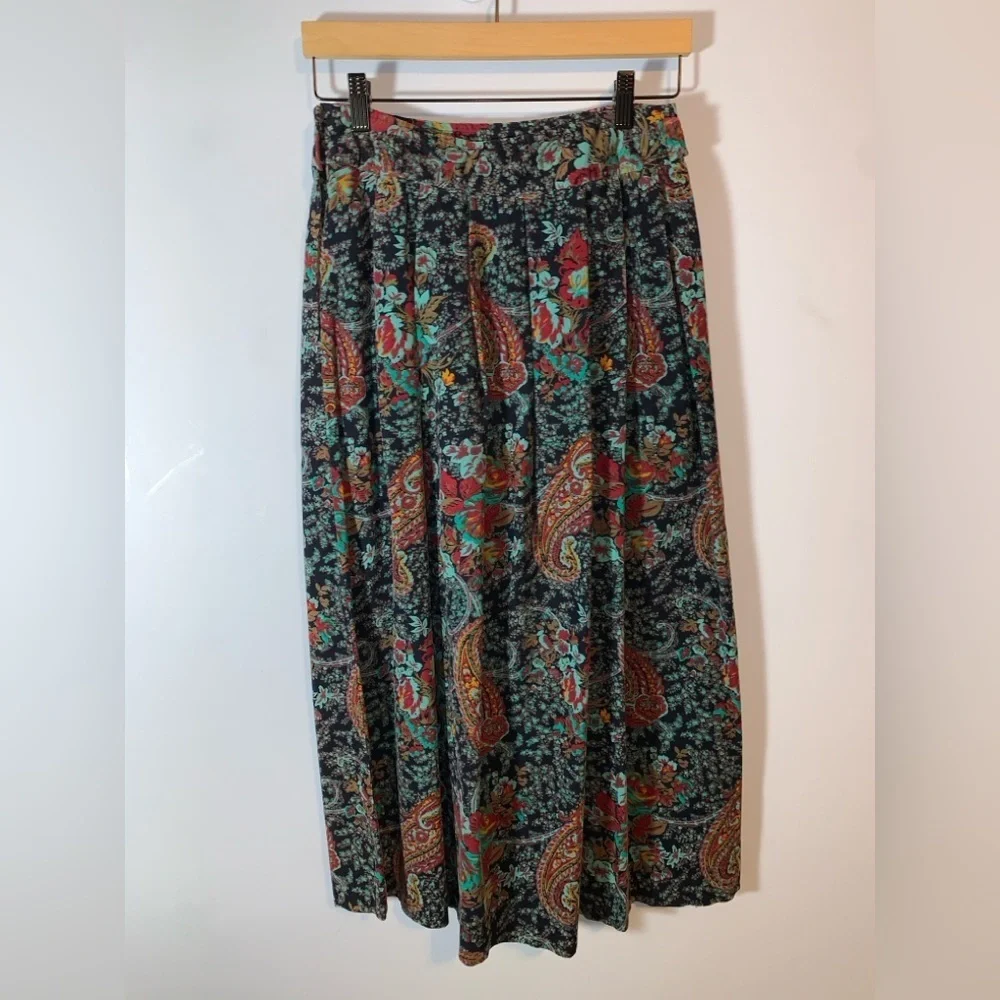 Hunt Club Floral Paisley midi corduroy pleated skirt teal blue burgundy size 10